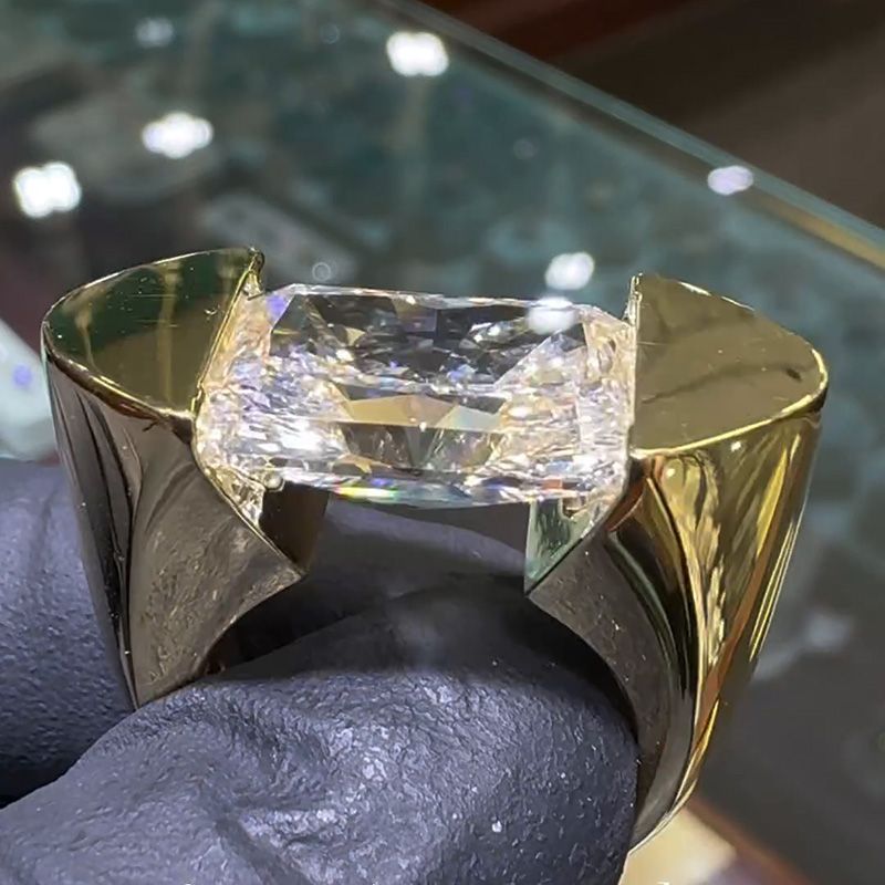 12ct Radiant Cut White Sapphire Yellow Gold Unique Design Handmade Men's Ring