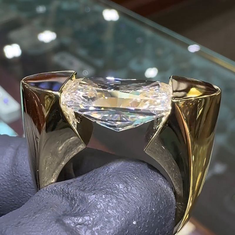 12ct Radiant Cut White Sapphire Yellow Gold Unique Design Handmade Men's Ring