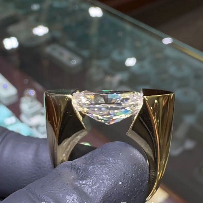 12ct Radiant Cut White Sapphire Yellow Gold Unique Design Handmade Men's Ring