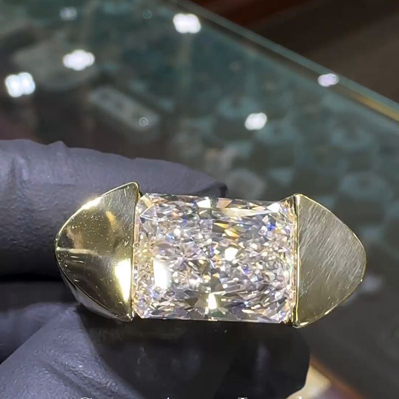 12ct Radiant Cut White Sapphire Yellow Gold Unique Design Handmade Men's Ring