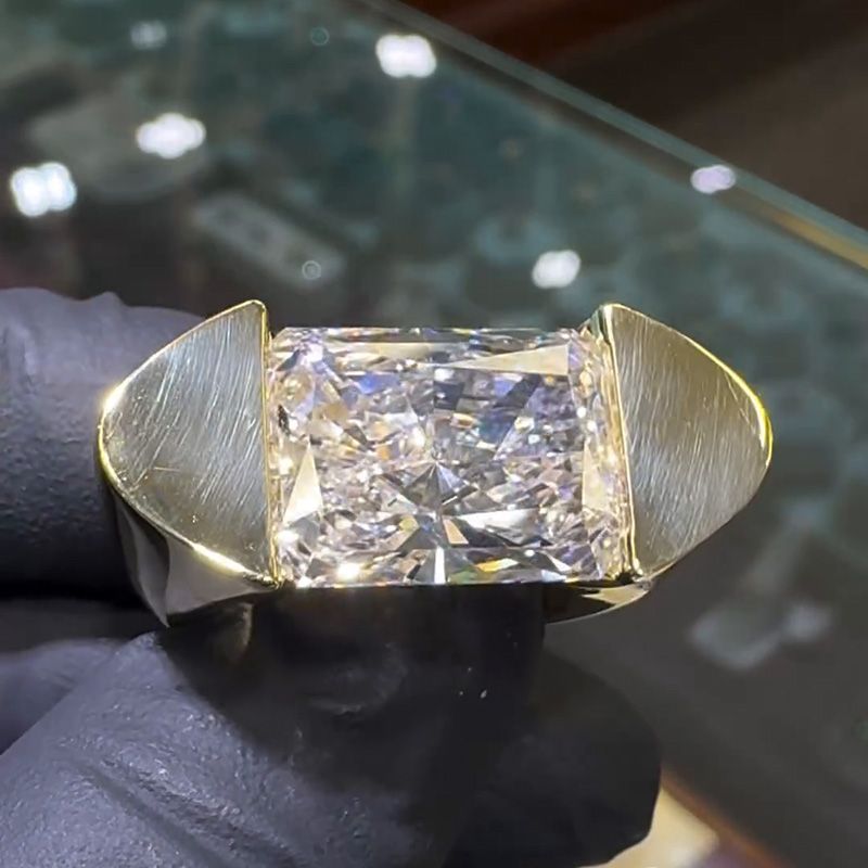 12ct Radiant Cut White Sapphire Yellow Gold Unique Design Handmade Men's Ring