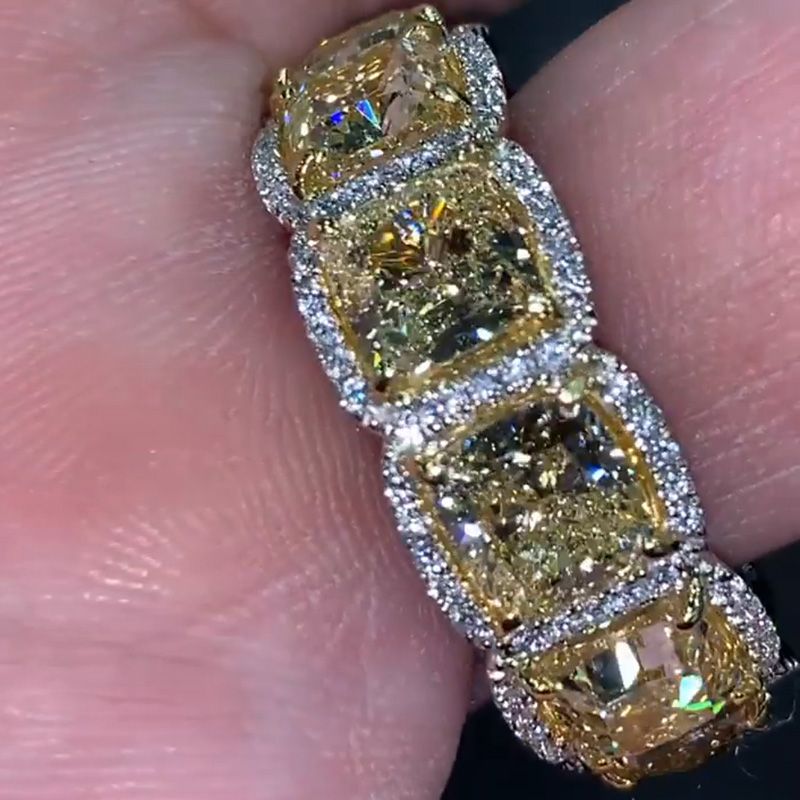 1ct Each Cushion Cut Yellow Sapphire Halo Eternity Handmade Men's Wedding Band Ring