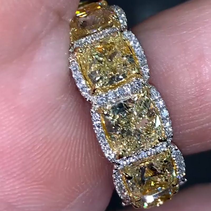 1ct Each Cushion Cut Yellow Sapphire Halo Eternity Handmade Men's Wedding Band Ring