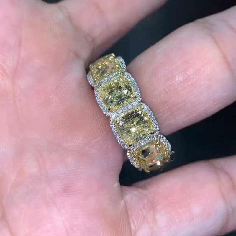 1ct Each Cushion Cut Yellow Sapphire Halo Eternity Handmade Men's Wedding Band Ring