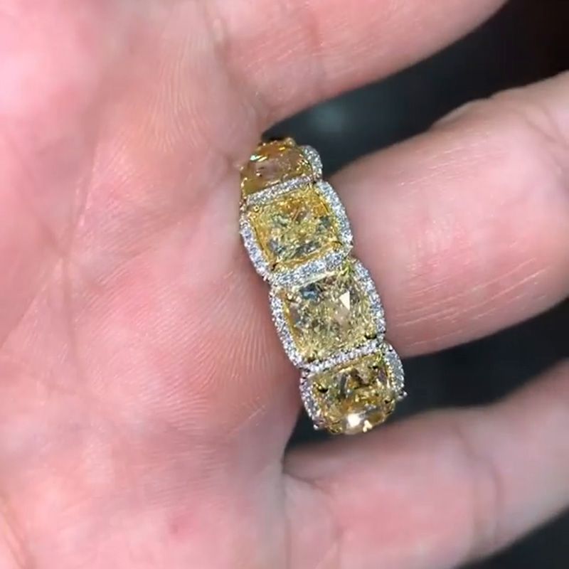 1ct Each Cushion Cut Yellow Sapphire Halo Eternity Handmade Men's Wedding Band Ring