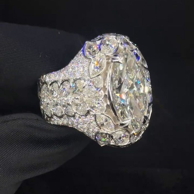 18ct Marquise Cut White Sapphire Pave Set Luxury Handmade Sterling Silver Men's Ring