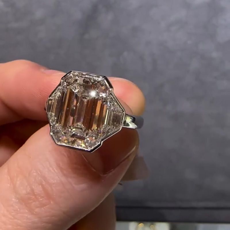 10ct Emerald Cut White Sapphire Three Stone Engagement Ring