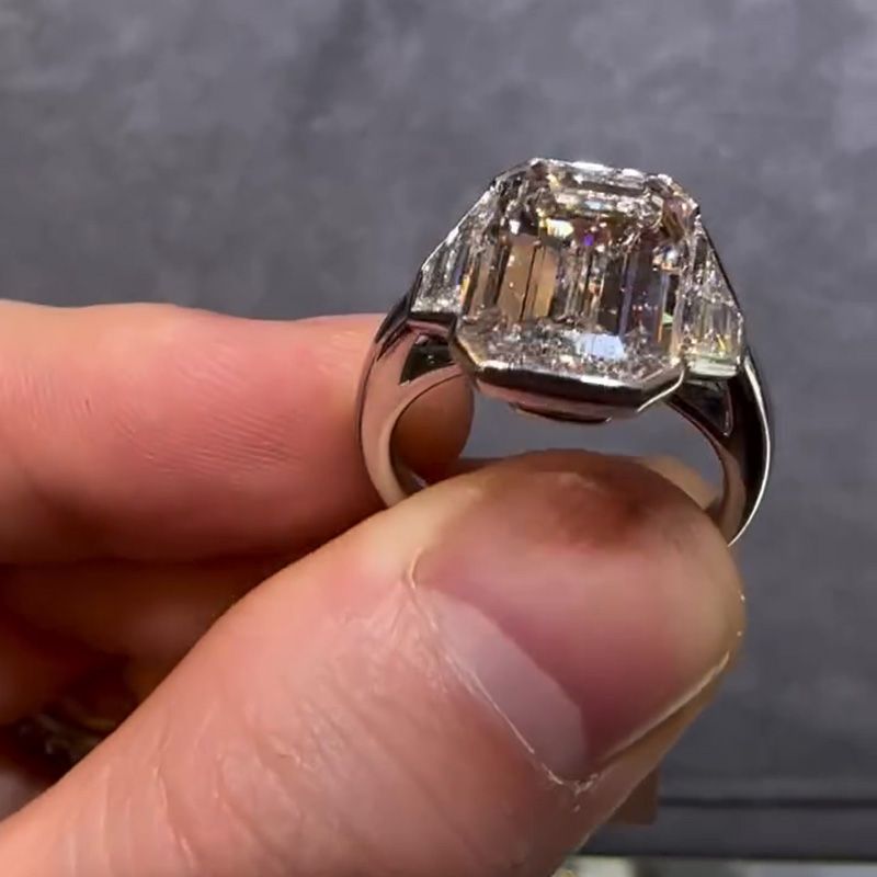 10ct Emerald Cut White Sapphire Three Stone Engagement Ring