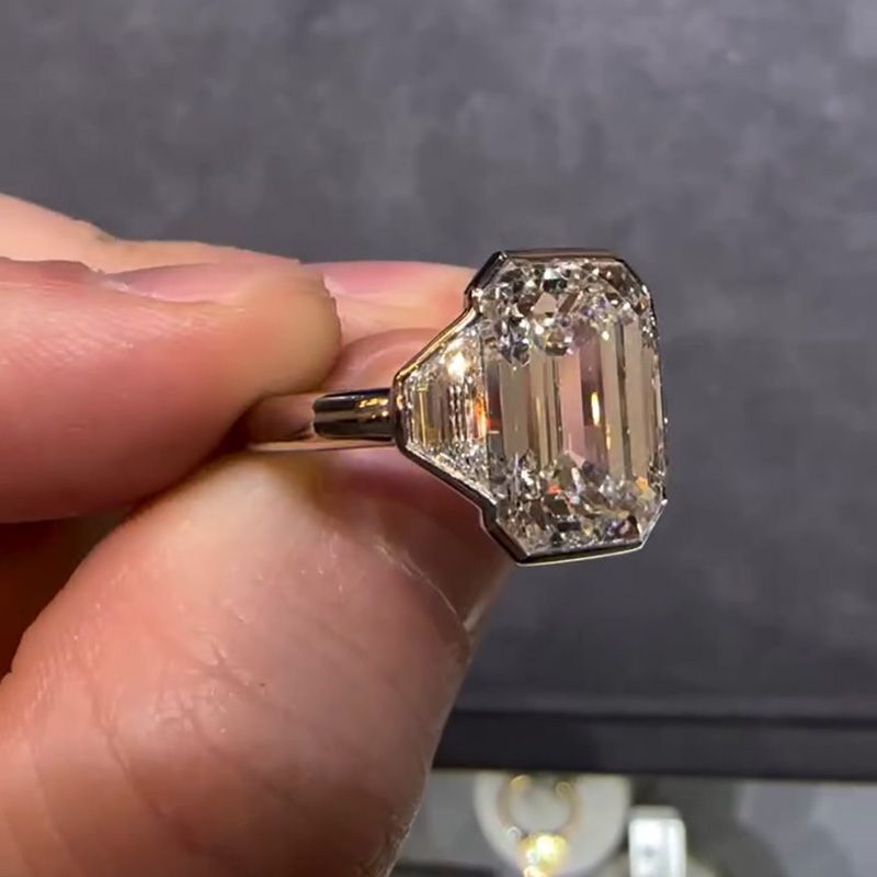 10ct Emerald Cut White Sapphire Three Stone Engagement Ring