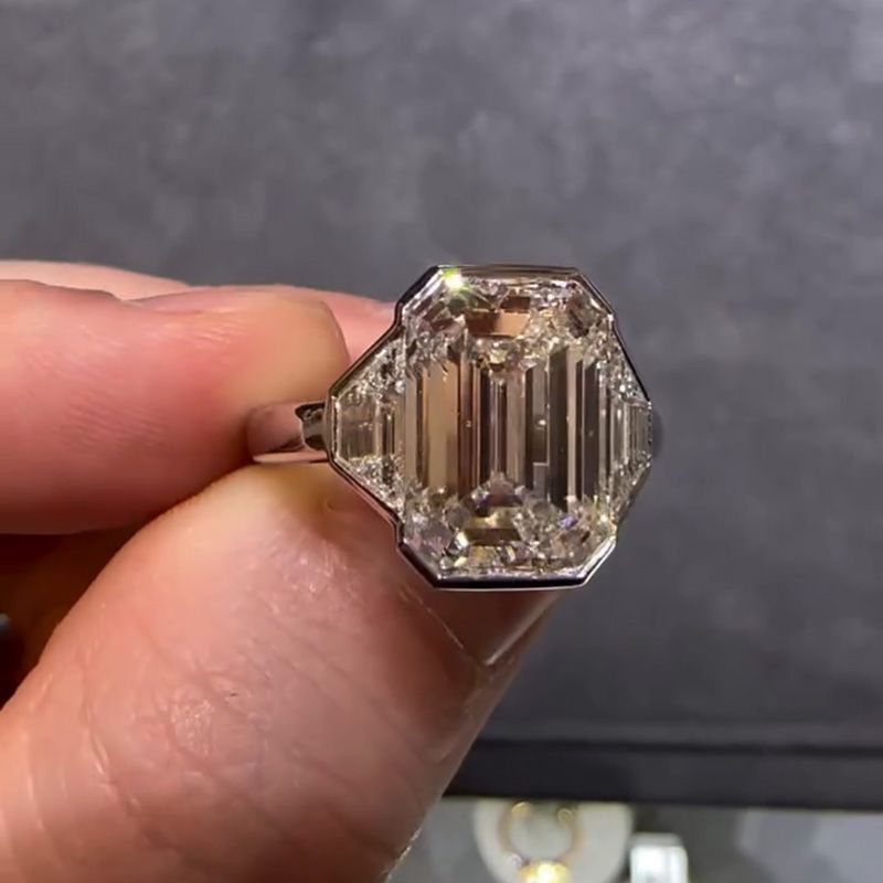 10ct Emerald Cut White Sapphire Three Stone Engagement Ring