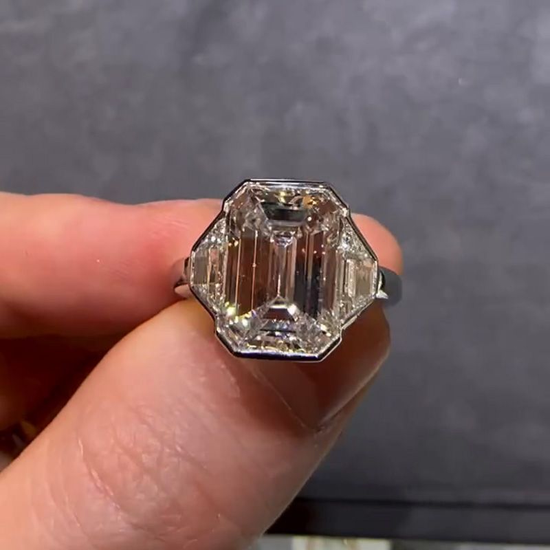 10ct Emerald Cut White Sapphire Three Stone Engagement Ring