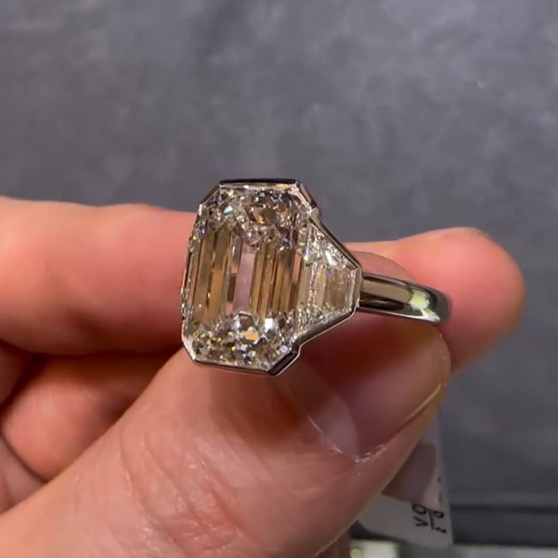 10ct Emerald Cut White Sapphire Three Stone Engagement Ring