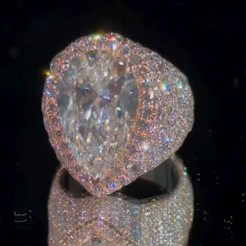 7ct Pear Cut White Sapphire Halo Pave Set Rose Gold Men's Ring