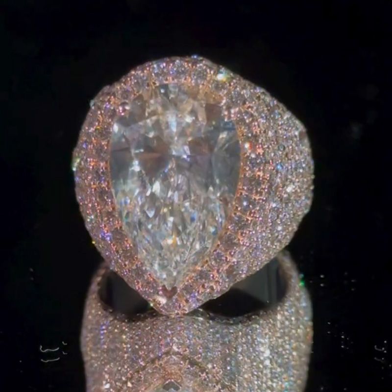 7ct Pear Cut White Sapphire Halo Pave Set Rose Gold Men's Ring