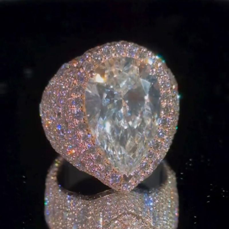 7ct Pear Cut White Sapphire Halo Pave Set Rose Gold Men's Ring