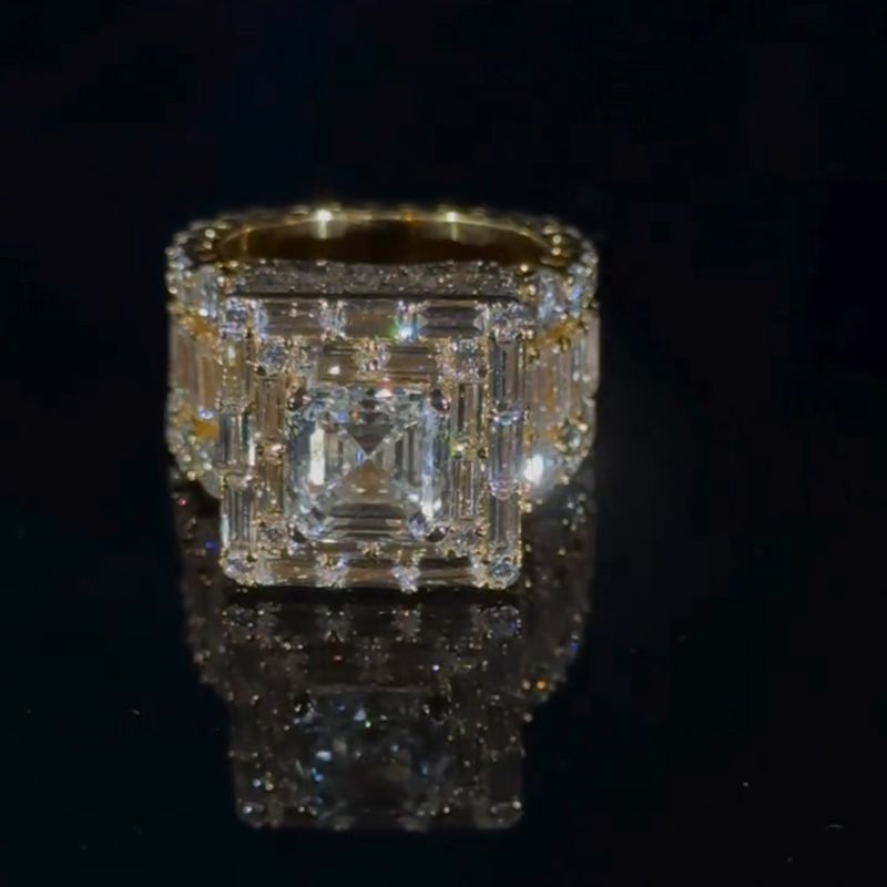 5ct Asscher Cut With 13ct Side Stones White Sapphire Yellow Gold Men's Ring