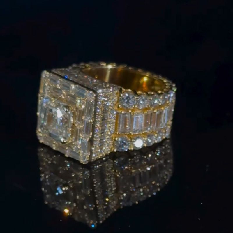 5ct Asscher Cut With 13ct Side Stones White Sapphire Yellow Gold Men's Ring