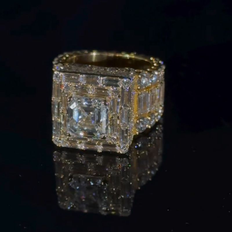5ct Asscher Cut With 13ct Side Stones White Sapphire Yellow Gold Men's Ring