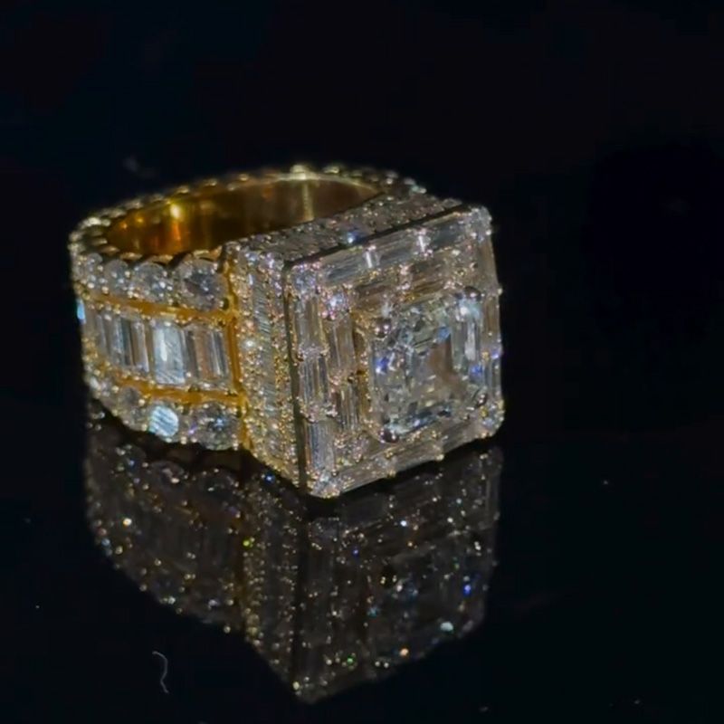 5ct Asscher Cut With 13ct Side Stones White Sapphire Yellow Gold Men's Ring