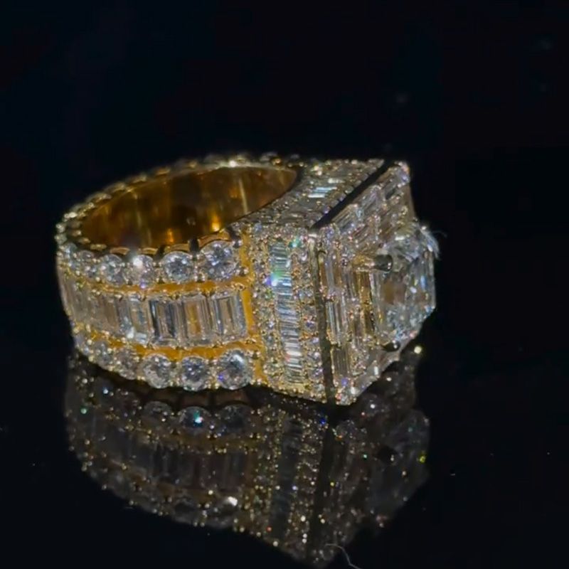 5ct Asscher Cut With 13ct Side Stones White Sapphire Yellow Gold Men's Ring