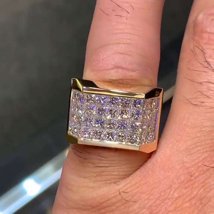 5ct Princess Cut White Sapphire Yellow Gold Handmade Men's Ring