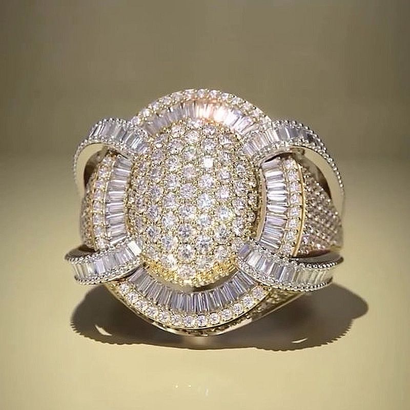 6.5ctw Round Cut White Sapphire With Baguette Cut Side Stones Half Set Yellow Gold Handmade Men's Ring