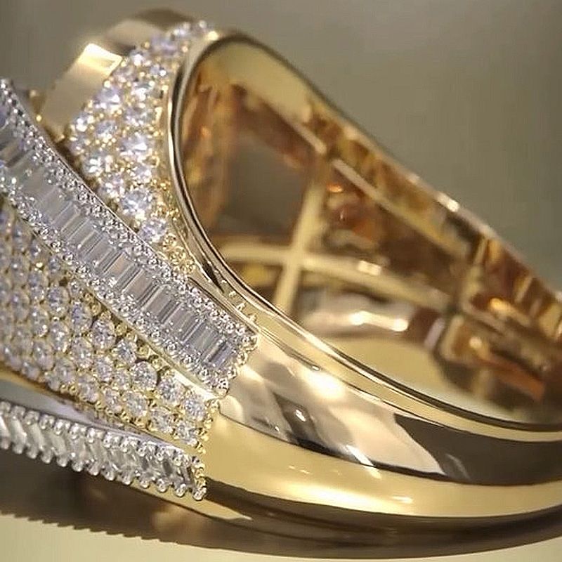 6.5ctw Round Cut White Sapphire With Baguette Cut Side Stones Half Set Yellow Gold Handmade Men's Ring