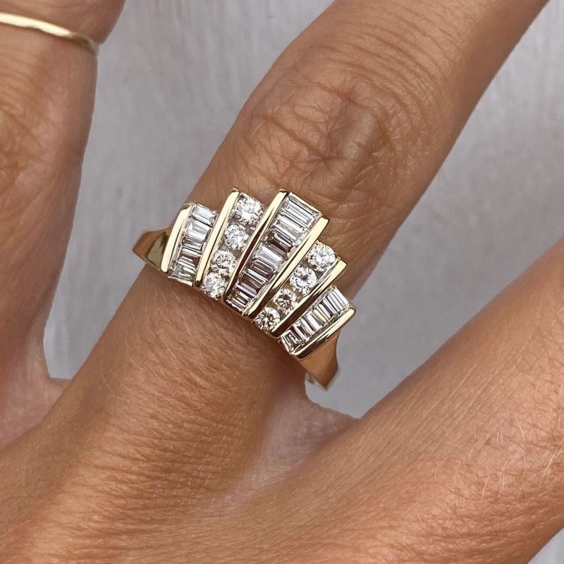 Curved .65ct Round and Baguette Diamond Wedding Anniversary Wide Band Ring