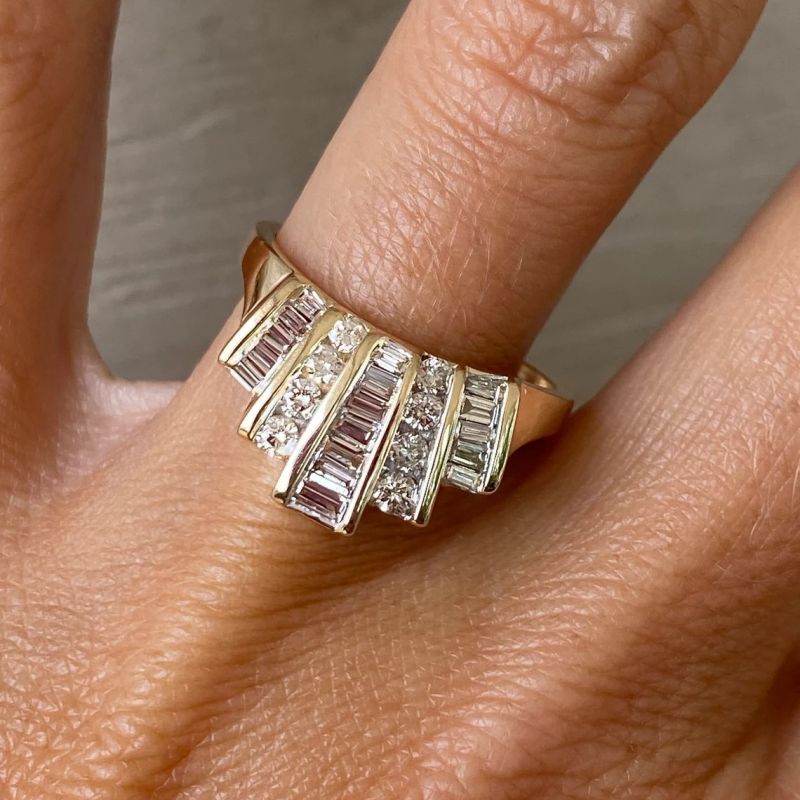 Curved .65ct Round and Baguette Diamond Wedding Anniversary Wide Band Ring