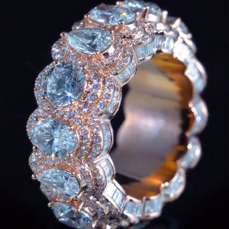 36ct pear-shaped round-cut and oval-cut diamond sterling silver and rose gold plated handmade ring