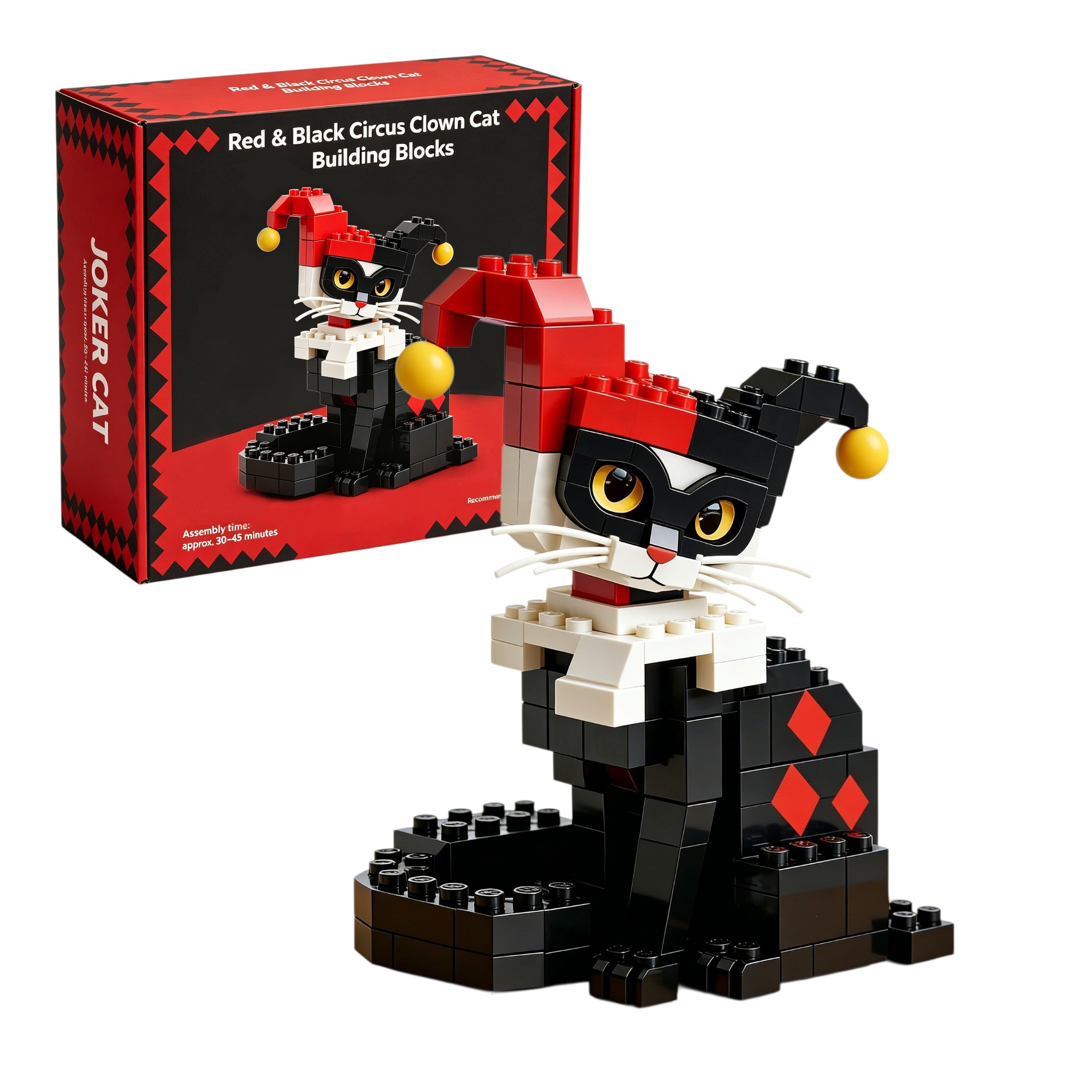 🤡🐱Red & Black Circus Clown Cat Building Blocks