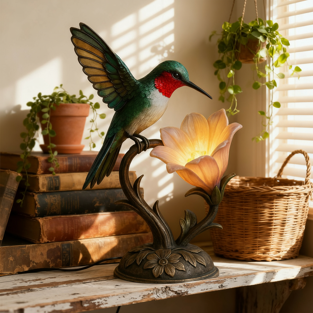 💚Handcrafted Ruby-Throated Hummingbird Blossom Lamp✨(𝐋𝐮𝐜𝐚𝐬 𝐇𝐚𝐥𝐞 𝐇𝐚𝐧𝐝𝐦𝐚𝐝𝐞®)