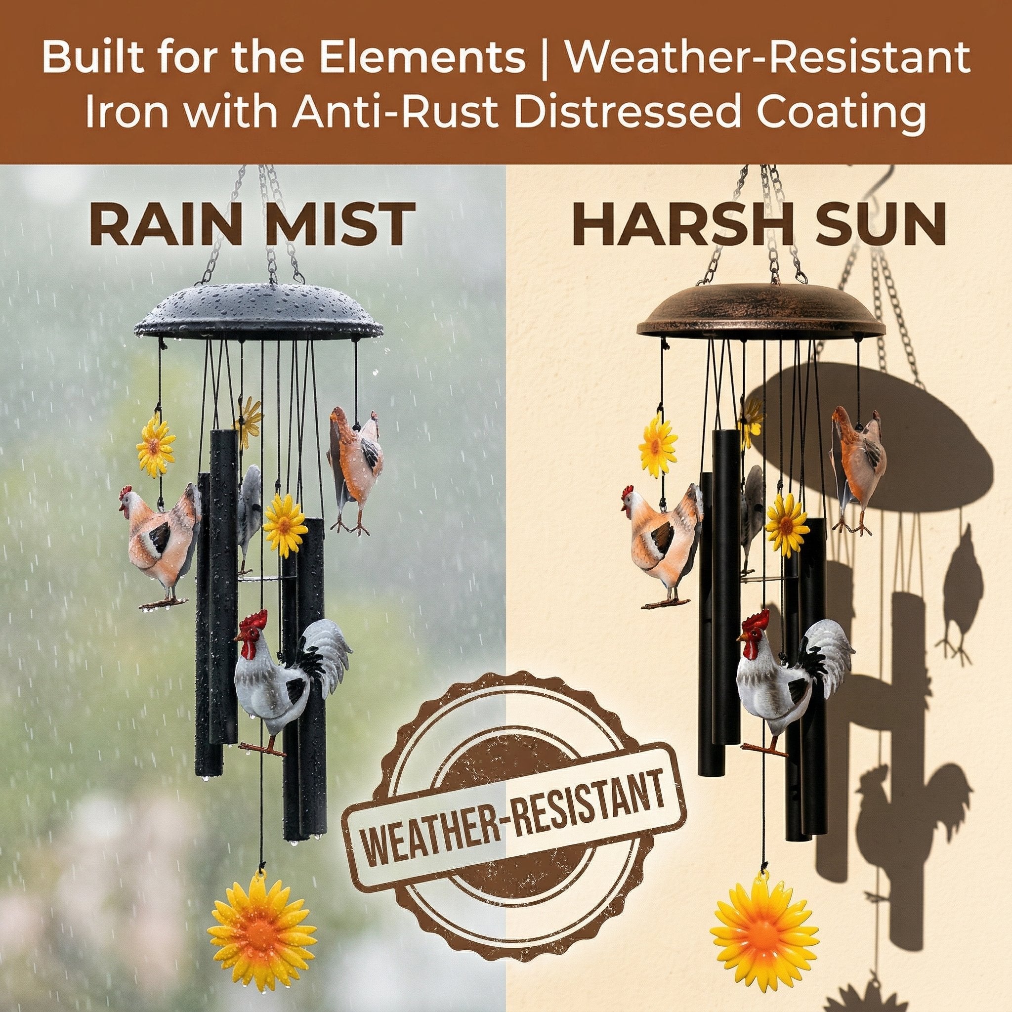 🔥Last Day 50% OFF - 🌻Vintage Metal Chicken Wind Chime with Sunflower🐔