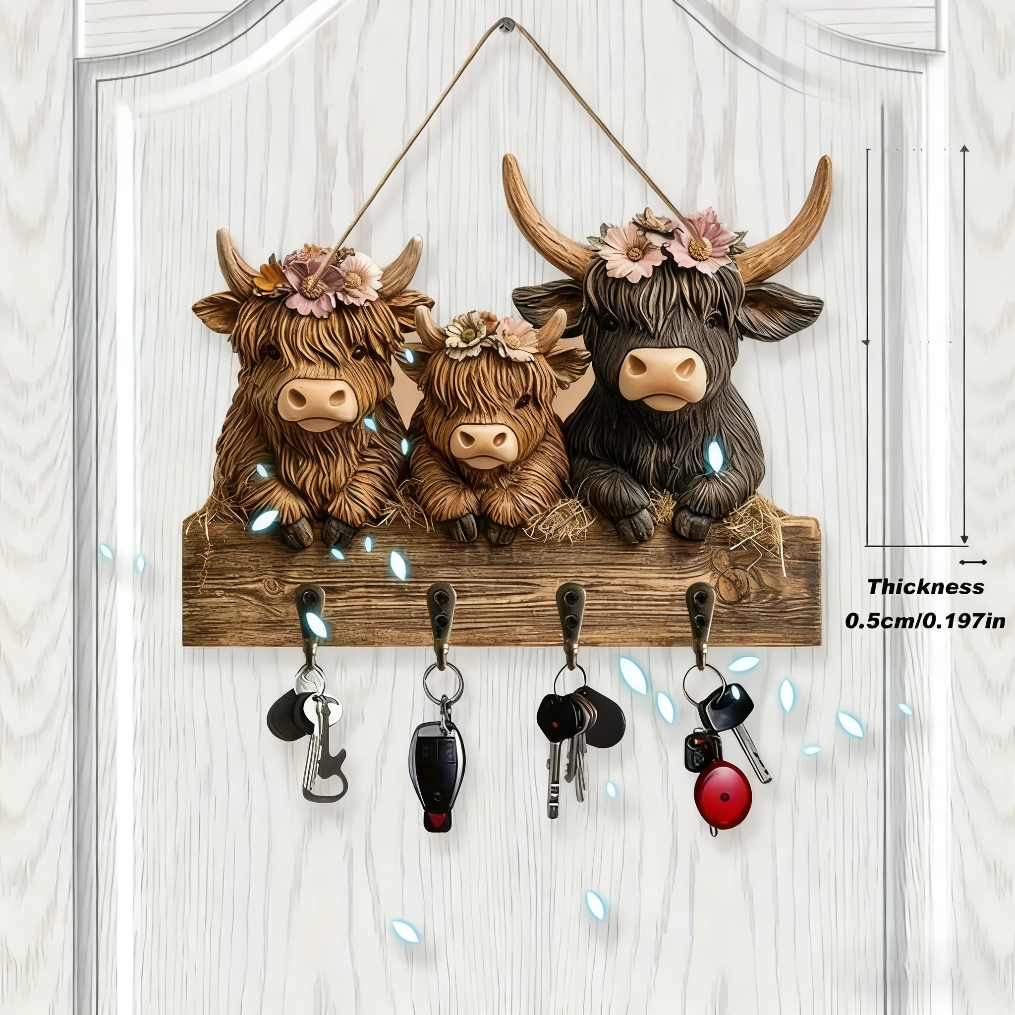 🐮 Rustic Highland Cow Wooden Family Key Holder Hanging Ornament with 4 Hooks