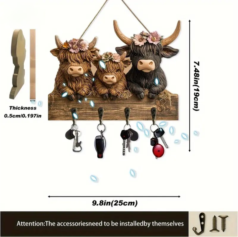🐮 Rustic Highland Cow Wooden Family Key Holder Hanging Ornament with 4 Hooks