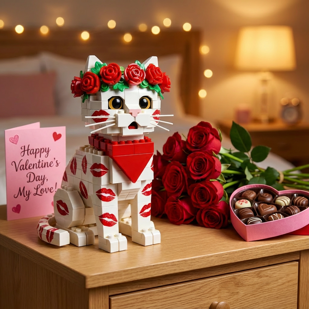 💋 Rose Kiss Cat Brick Figure - A Bold Little Symbol of Love & Playful Romance