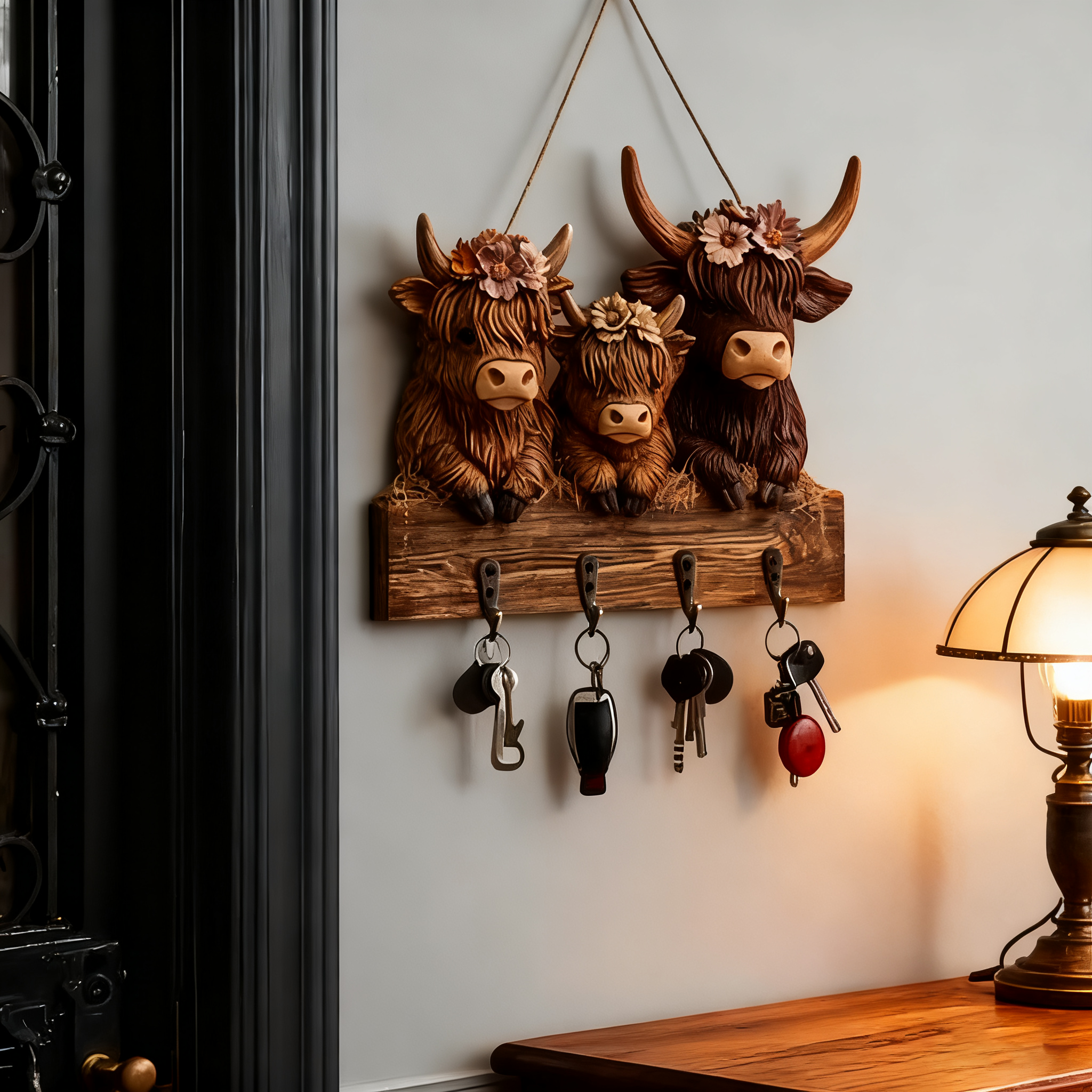 🐮 Rustic Highland Cow Wooden Family Key Holder Hanging Ornament with 4 Hooks