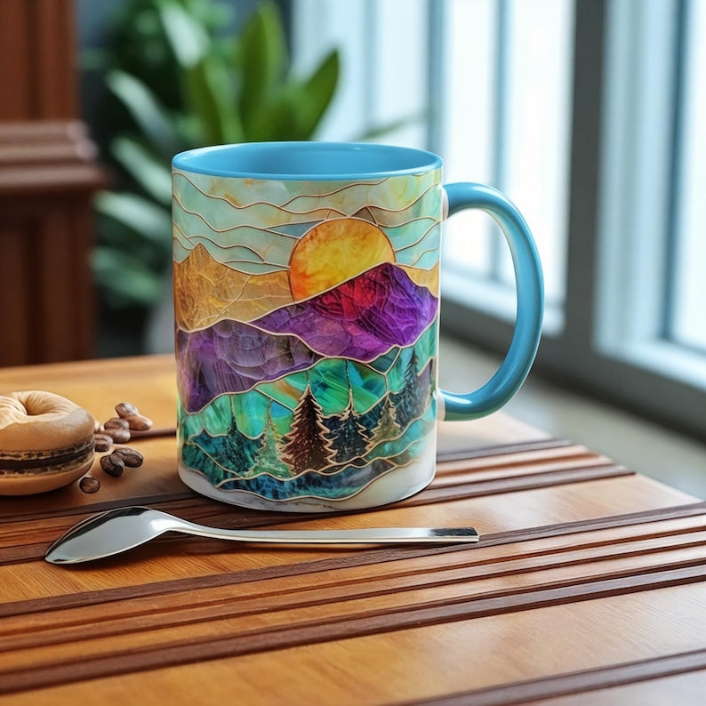 🌄 Stained Glass Sunset Mountain Mug