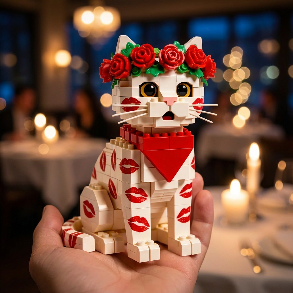 💋 Rose Kiss Cat Brick Figure - A Bold Little Symbol of Love & Playful Romance