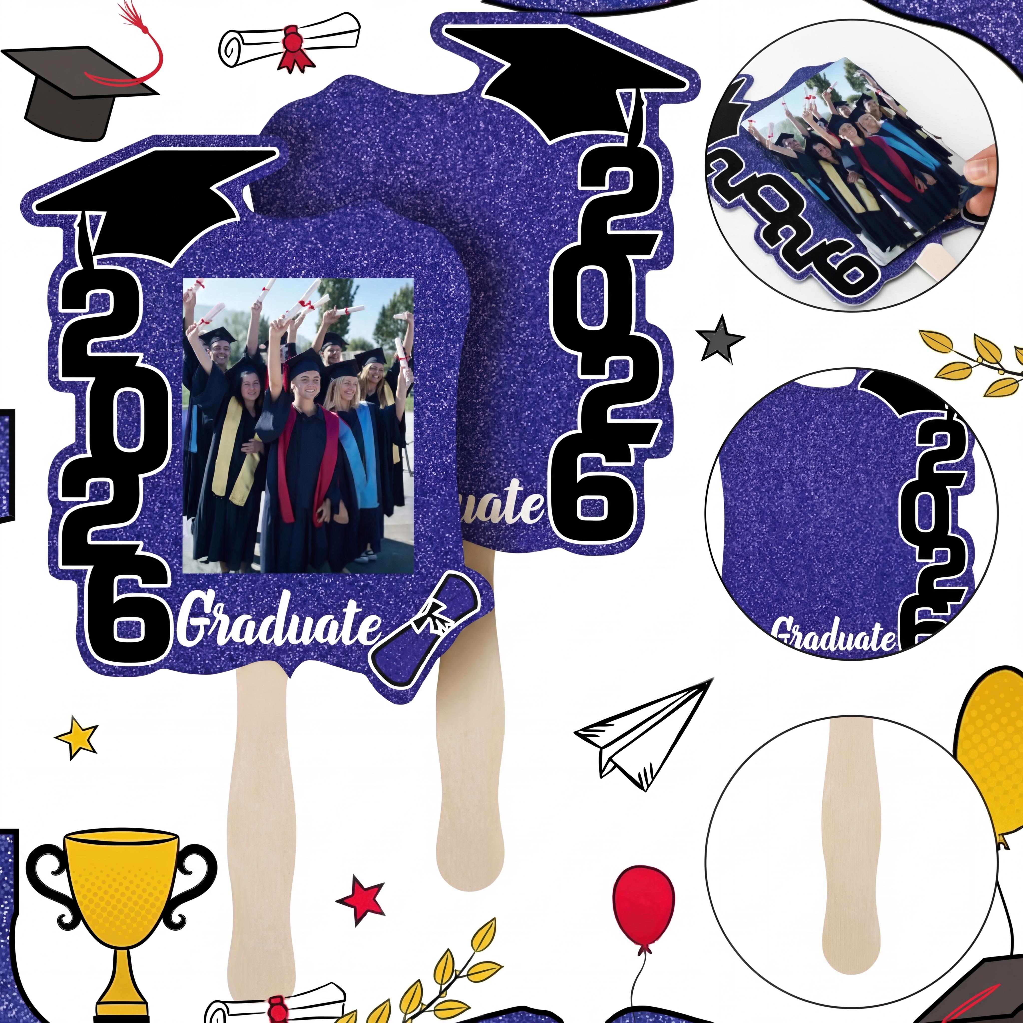 24 Pack Class of 2026 Graduation Fans with Handle Double Sided Grad Photo Props for Keepsake Gifts Graduation Party Supplies