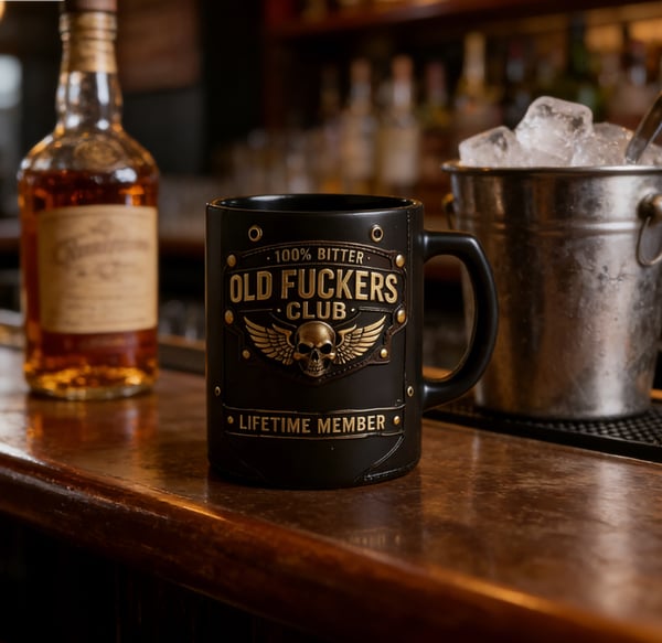 ☕ OLD FUCKERS CLUB Mug - 100% Bitter, Always Real. Lifetime Member. 😎💀(𝐋𝐮𝐜𝐚𝐬 𝐇𝐚𝐥𝐞 𝐇𝐚𝐧𝐝𝐦𝐚𝐝𝐞®)