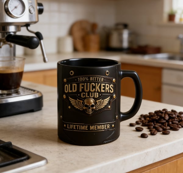 ☕ OLD FUCKERS CLUB Mug - 100% Bitter, Always Real. Lifetime Member. 😎💀(𝐋𝐮𝐜𝐚𝐬 𝐇𝐚𝐥𝐞 𝐇𝐚𝐧𝐝𝐦𝐚𝐝𝐞®)