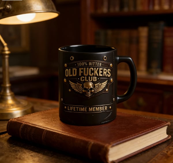 ☕ OLD FUCKERS CLUB Mug - 100% Bitter, Always Real. Lifetime Member. 😎💀(𝐋𝐮𝐜𝐚𝐬 𝐇𝐚𝐥𝐞 𝐇𝐚𝐧𝐝𝐦𝐚𝐝𝐞®)