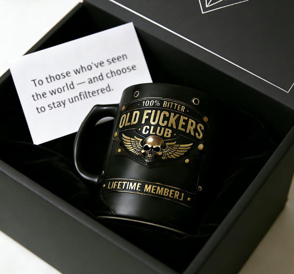 ☕ OLD FUCKERS CLUB Mug - 100% Bitter, Always Real. Lifetime Member. 😎💀(𝐋𝐮𝐜𝐚𝐬 𝐇𝐚𝐥𝐞 𝐇𝐚𝐧𝐝𝐦𝐚𝐝𝐞®)