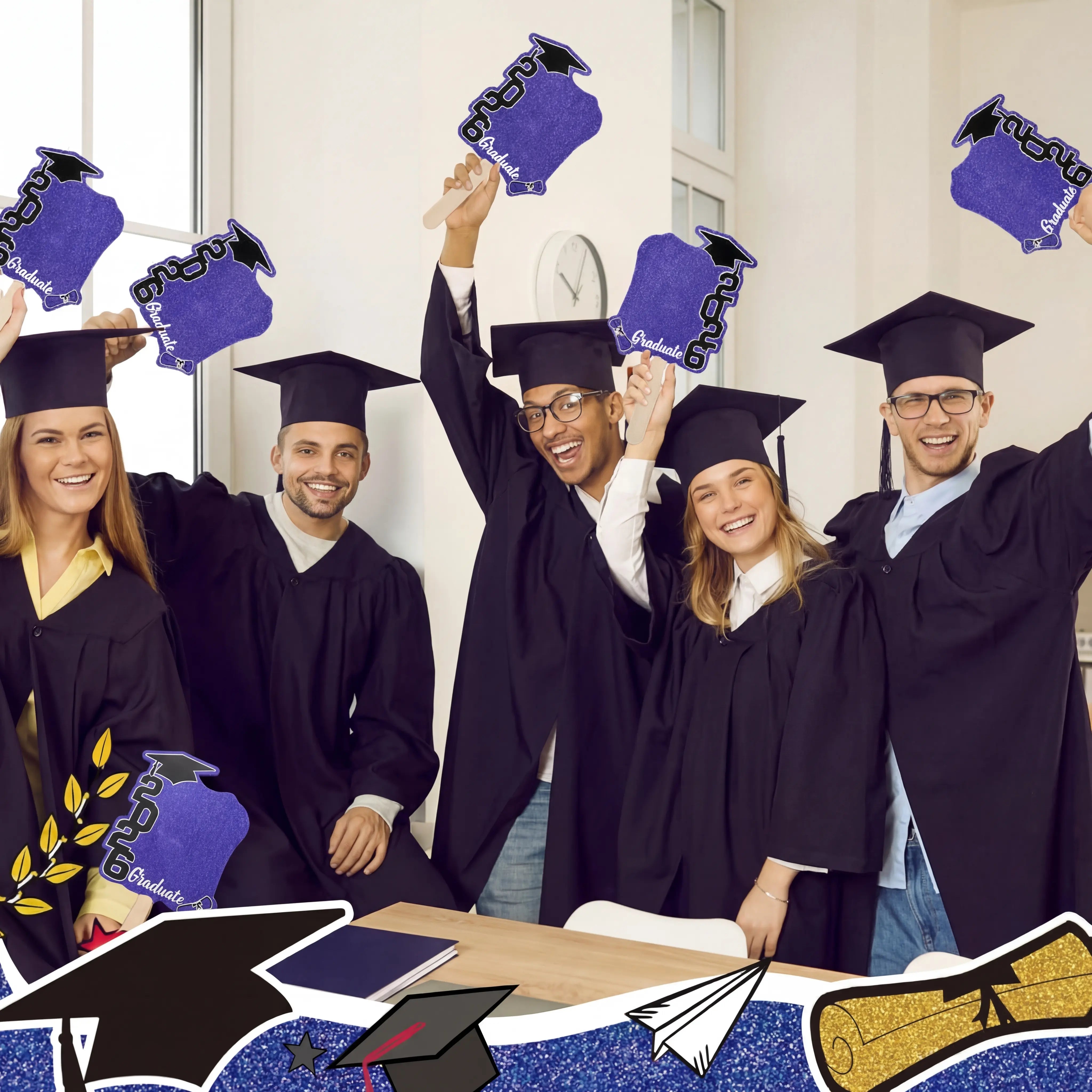 24 Pack Class of 2026 Graduation Fans with Handle | Double Sided DIY Grad Photo Props