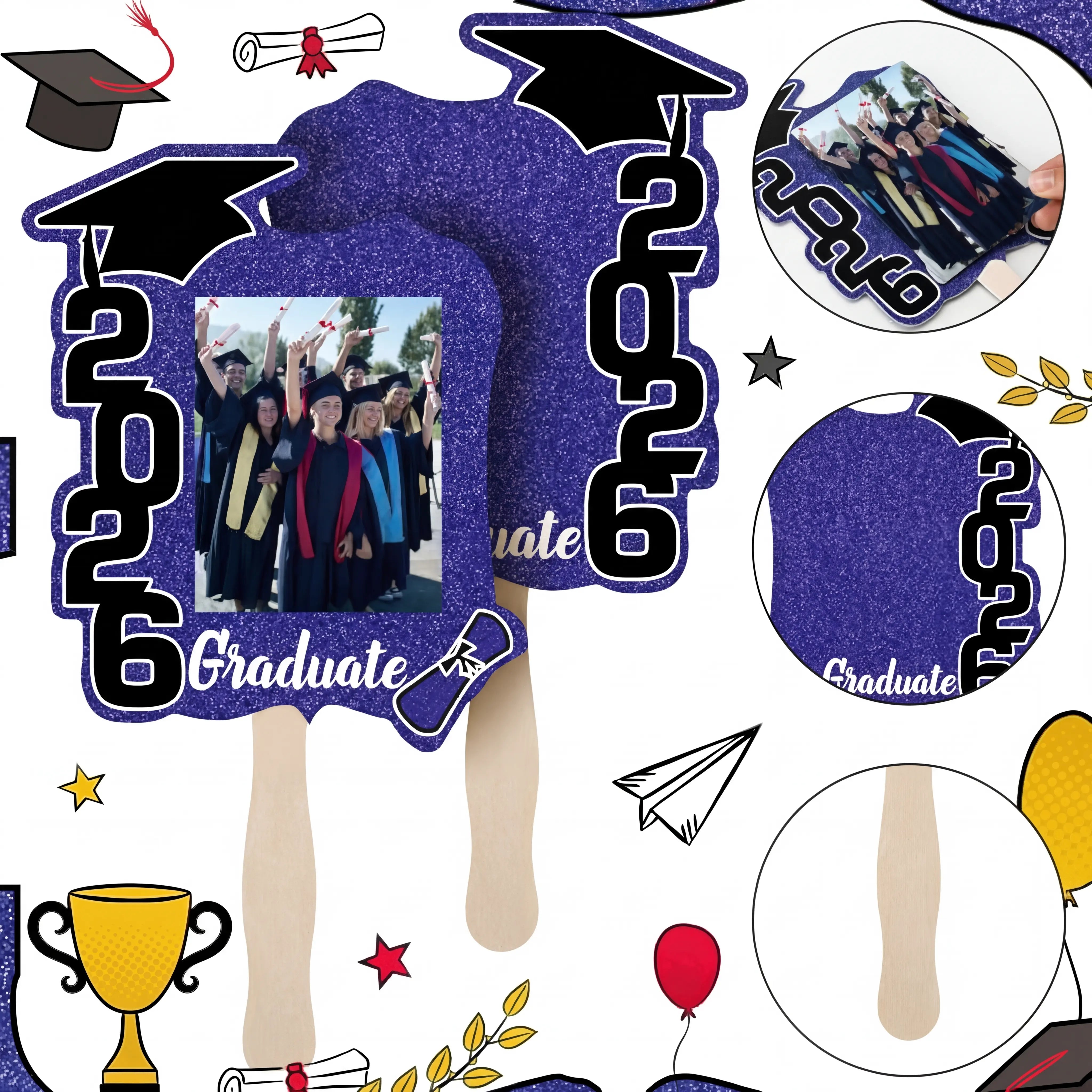 24 Pack Class of 2026 Graduation Fans with Handle | Double Sided DIY Grad Photo Props