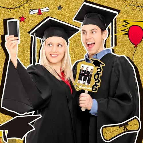 24 Pack Class of 2026 Graduation Fans with Handle | Double Sided DIY Grad Photo Props