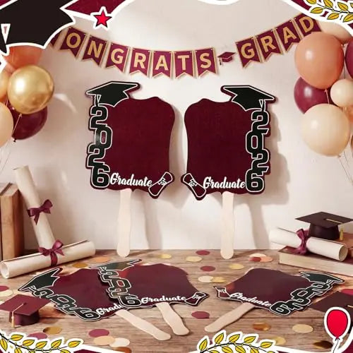 24 Pack Class of 2026 Graduation Fans with Handle | Double Sided DIY Grad Photo Props