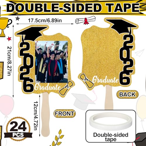 24 Pack Class of 2026 Graduation Fans with Handle | Double Sided DIY Grad Photo Props