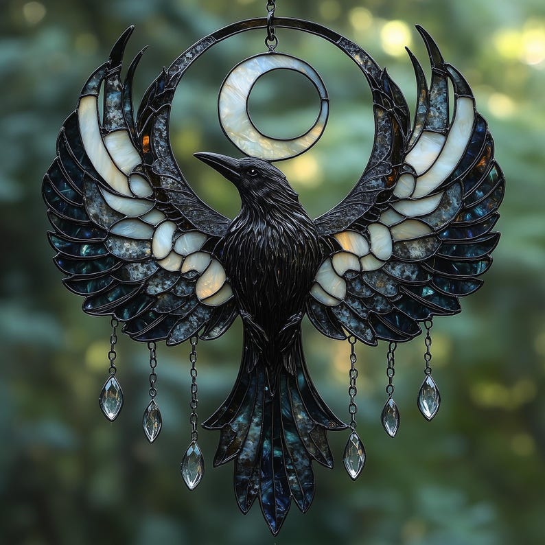 🔥Last Day 50% OFF - 🐦‍⬛Crescent Moon Raven Acrylic Suncatcher🌙